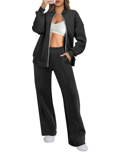 ANRABESS Women 2 Piece Outfits Lounge Set Oversized Zip Up Sweatshirt Jacket Sweatpant Matching Sweat Sets Fall Sweatsuit Black Large