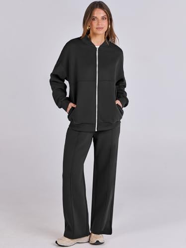 ANRABESS Women 2 Piece Outfits Lounge Set Oversized Zip Up Sweatshirt Jacket Sweatpant Matching Sweat Sets Fall Sweatsuit Black Large