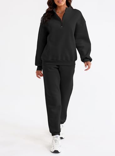 Aleumdr Womens 2 Piece Sweatsuit Sets 2024 Fall Trendy Half Zip Pullover Long Sleeve Sweatshirt Jogger Pants Outfits with Pockets Black Small