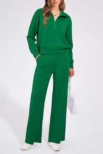PRETTYGARDEN Women 2 Piece Tracksuit Casual Half Zip Lapel Pullover Sweatshirt Long Pants Sweatsuit Set (Green,Large)