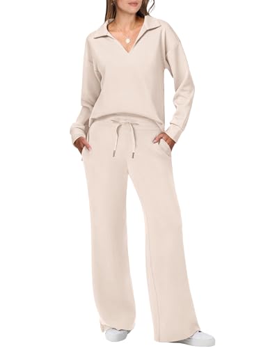 ANRABESS Womens 2 Piece Outfits Sweatsuit Long Sleeve Oversized Sweatshirt Sweatpants Tracksuit Sweat Lounge Set Fall Clothes Apricot Medium