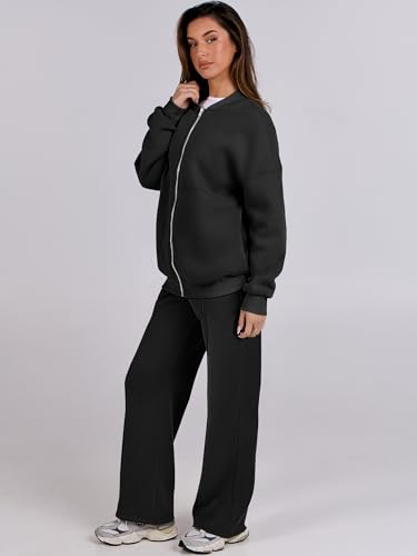 ANRABESS Women 2 Piece Outfits Lounge Set Oversized Zip Up Sweatshirt Jacket Sweatpant Matching Sweat Sets Fall Sweatsuit Black Large