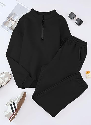 Aleumdr Womens 2 Piece Sweatsuit Sets 2024 Fall Trendy Half Zip Pullover Long Sleeve Sweatshirt Jogger Pants Outfits with Pockets Black Small