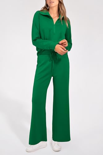 PRETTYGARDEN Women 2 Piece Tracksuit Casual Half Zip Lapel Pullover Sweatshirt Long Pants Sweatsuit Set (Green,Large)