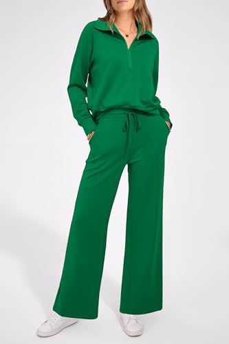 PRETTYGARDEN Women 2 Piece Tracksuit Casual Half Zip Lapel Pullover Sweatshirt Long Pants Sweatsuit Set (Green,Large)