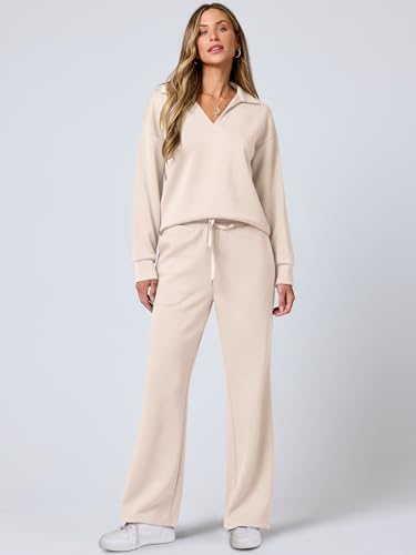 ANRABESS Womens 2 Piece Outfits Sweatsuit Long Sleeve Oversized Sweatshirt Sweatpants Tracksuit Sweat Lounge Set Fall Clothes Apricot Medium