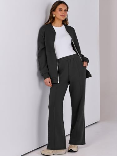 ANRABESS Women 2 Piece Outfits Lounge Set Oversized Zip Up Sweatshirt Jacket Sweatpant Matching Sweat Sets Fall Sweatsuit Black Large