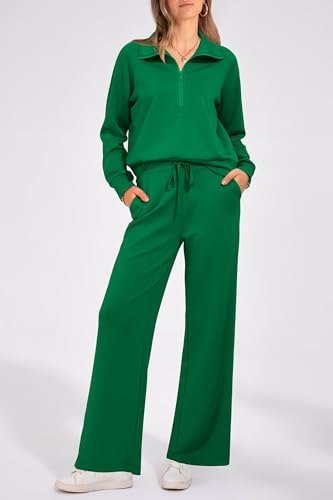 PRETTYGARDEN Women 2 Piece Tracksuit Casual Half Zip Lapel Pullover Sweatshirt Long Pants Sweatsuit Set (Green,Large)