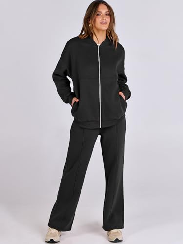 ANRABESS Women 2 Piece Outfits Lounge Set Oversized Zip Up Sweatshirt Jacket Sweatpant Matching Sweat Sets Fall Sweatsuit Black Large