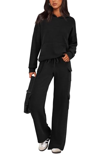 PRETTYGARDEN Women's 2 Piece Lounge Sets 2024 Fall Knitted Hoodie Pullover Tops Cargo Pants Matching Outfits Tracksuits (Black,Medium)