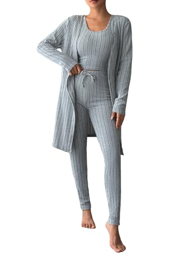 WDIRARA Women's 3 Piece Outfits Ribbed Knit Bow Front Tank Tops and Outerwear and Pants Casual Lounge Sets Grey S