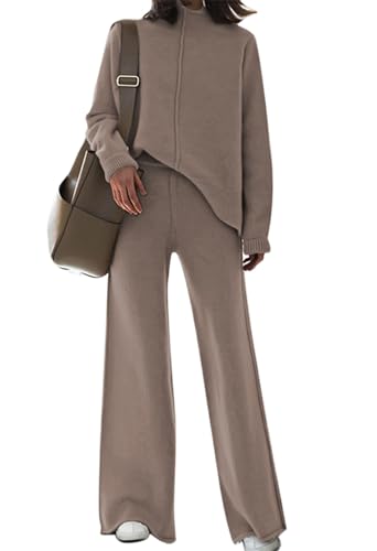 Fixmatti Women Rib-Knit Pullover Sweater Top Wide Leg Long Pants Set 2 Piece Outfits Tracksuit Khaki S