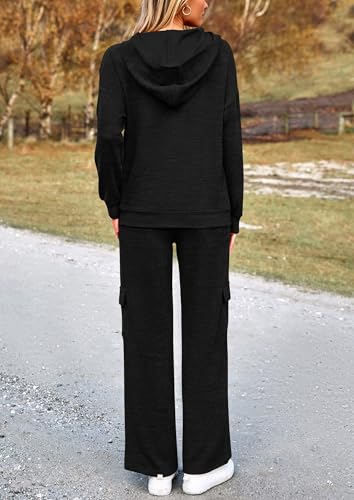 PRETTYGARDEN Women's 2 Piece Lounge Sets 2024 Fall Knitted Hoodie Pullover Tops Cargo Pants Matching Outfits Tracksuits (Black,Medium)