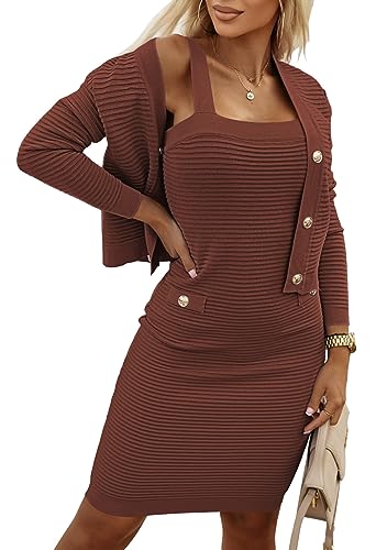 HUUSA Women's Autumn Sleeveless Skinny Mini Dress Set Sexy 2 Piece Bodycon Sweater Tank Dress with Button Up Ribbed Knitted Cardiagn Outerwear Chestnut M