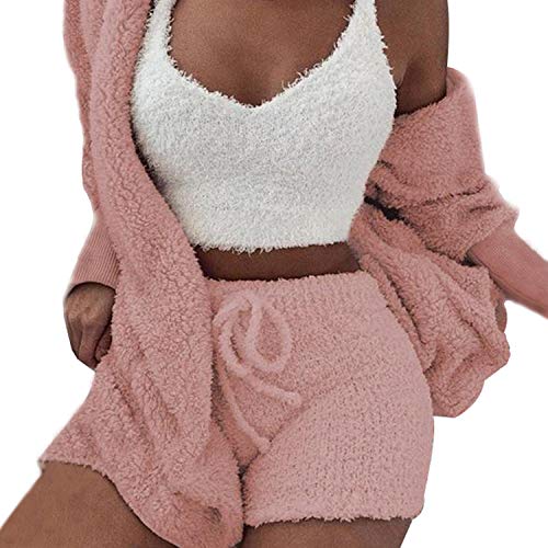 Womens Sexy Fuzzy Warm Sherpa Fleece 3 Piece Outfit Fleece Coat Jacket Outwear and Spaghetti Strap Crop Top Shorts Set (Pink, XL)