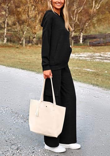 PRETTYGARDEN Women's 2 Piece Lounge Sets 2024 Fall Knitted Hoodie Pullover Tops Cargo Pants Matching Outfits Tracksuits (Black,Medium)