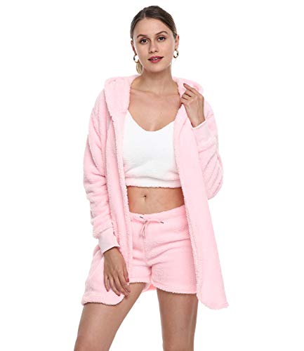 Womens Sexy Fuzzy Warm Sherpa Fleece 3 Piece Outfit Fleece Coat Jacket Outwear and Spaghetti Strap Crop Top Shorts Set (Pink, XL)