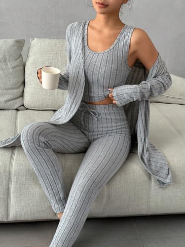 WDIRARA Women's 3 Piece Outfits Ribbed Knit Bow Front Tank Tops and Outerwear and Pants Casual Lounge Sets Grey S