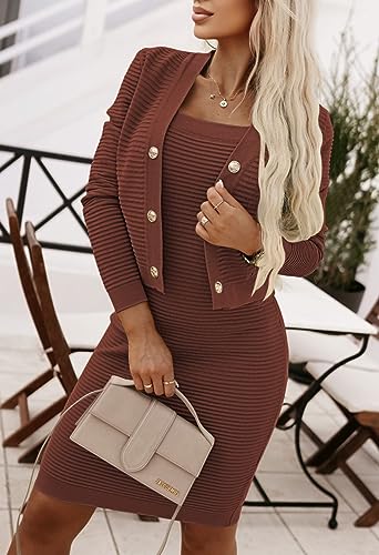 HUUSA Women's Autumn Sleeveless Skinny Mini Dress Set Sexy 2 Piece Bodycon Sweater Tank Dress with Button Up Ribbed Knitted Cardiagn Outerwear Chestnut M