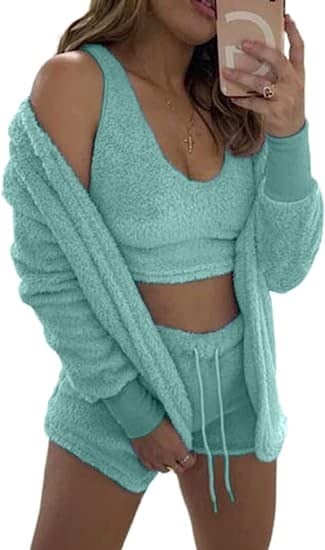 Womens 3 Piece Outfits Robe Sets Solid Color Hooded Jacket Outerwear Crop Top Bodycon Shorts