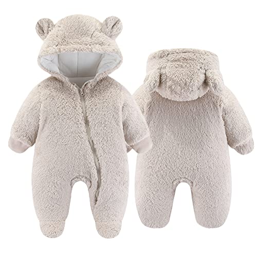 UVIPC Newborn Baby Thick Fleece Footie Snowsuit Winter Cartoon Bear Outwear Warm Hooded Outfits for Girls Boys