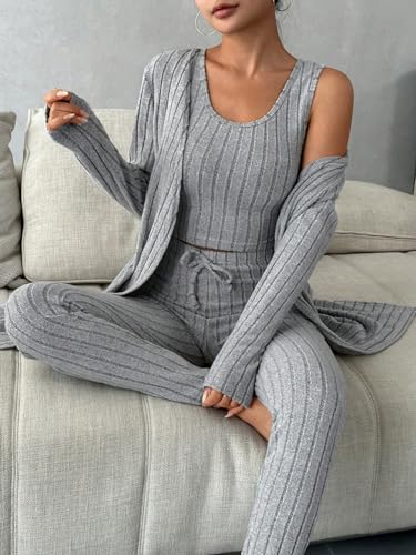 WDIRARA Women's 3 Piece Outfits Ribbed Knit Bow Front Tank Tops and Outerwear and Pants Casual Lounge Sets Grey S
