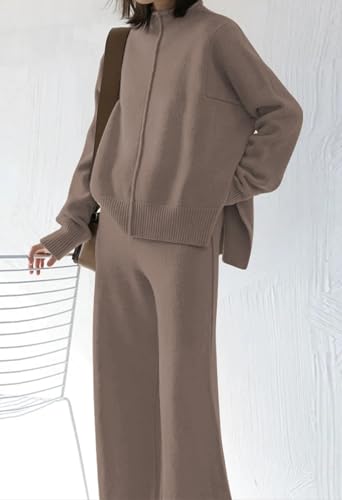 Fixmatti Women Rib-Knit Pullover Sweater Top Wide Leg Long Pants Set 2 Piece Outfits Tracksuit Khaki S