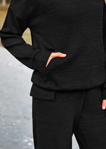 PRETTYGARDEN Women's 2 Piece Lounge Sets 2024 Fall Knitted Hoodie Pullover Tops Cargo Pants Matching Outfits Tracksuits (Black,Medium)