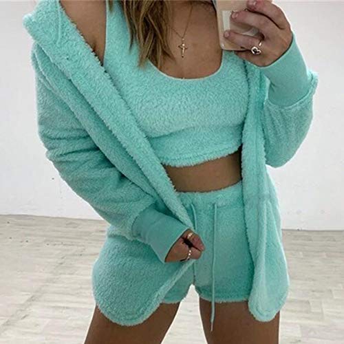 Womens 3 Piece Outfits Robe Sets Solid Color Hooded Jacket Outerwear Crop Top Bodycon Shorts