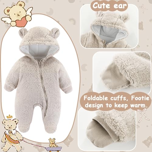 UVIPC Newborn Baby Thick Fleece Footie Snowsuit Winter Cartoon Bear Outwear Warm Hooded Outfits for Girls Boys