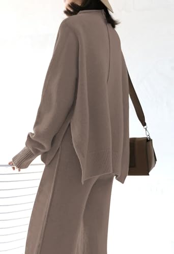 Fixmatti Women Rib-Knit Pullover Sweater Top Wide Leg Long Pants Set 2 Piece Outfits Tracksuit Khaki S
