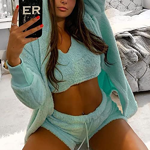Womens 3 Piece Outfits Robe Sets Solid Color Hooded Jacket Outerwear Crop Top Bodycon Shorts