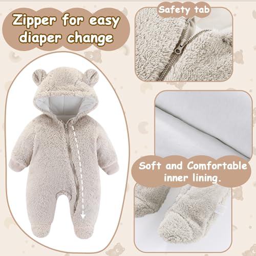 UVIPC Newborn Baby Thick Fleece Footie Snowsuit Winter Cartoon Bear Outwear Warm Hooded Outfits for Girls Boys