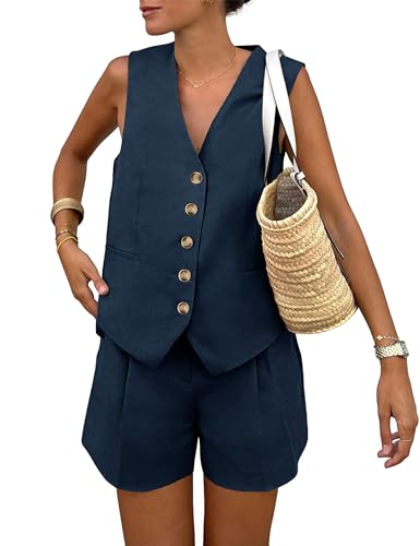 Tomosc 2 Piece Outfits for Women Summer Bussiness Linen Sets Sleeveless V Neck Vest Button Waistcoat and Pockets Shorts (1S-Navy-L)