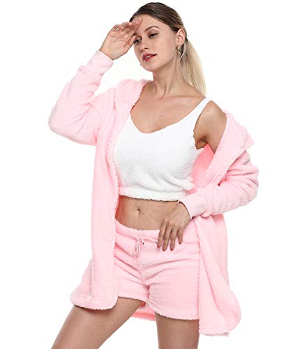 Womens Sexy Fuzzy Warm Sherpa Fleece 3 Piece Outfit Fleece Coat Jacket Outwear and Spaghetti Strap Crop Top Shorts Set (Pink, XL)