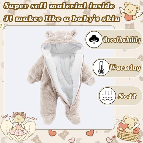 UVIPC Newborn Baby Thick Fleece Footie Snowsuit Winter Cartoon Bear Outwear Warm Hooded Outfits for Girls Boys