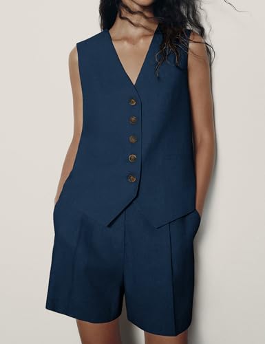 Tomosc 2 Piece Outfits for Women Summer Bussiness Linen Sets Sleeveless V Neck Vest Button Waistcoat and Pockets Shorts (1S-Navy-L)