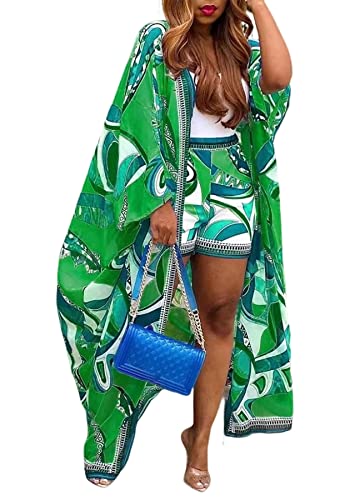 DINGANG Womens Summer Outfits Floral Print Beach Kimono Robe with Shorts Outerwear Vacation Set