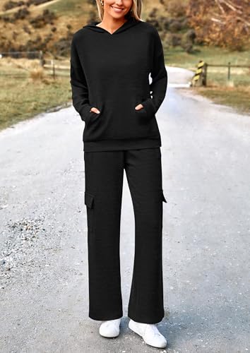 PRETTYGARDEN Women's 2 Piece Lounge Sets 2024 Fall Knitted Hoodie Pullover Tops Cargo Pants Matching Outfits Tracksuits (Black,Medium)
