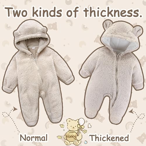 UVIPC Newborn Baby Thick Fleece Footie Snowsuit Winter Cartoon Bear Outwear Warm Hooded Outfits for Girls Boys
