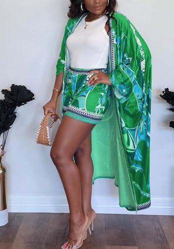 DINGANG Womens Summer Outfits Floral Print Beach Kimono Robe with Shorts Outerwear Vacation Set