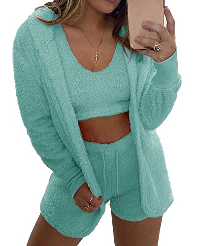 Womens 3 Piece Outfits Robe Sets Solid Color Hooded Jacket Outerwear Crop Top Bodycon Shorts