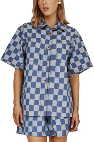 ROMRUM Womens Denim Shorts 2 Piece Set Plaid Short Sleeve Lapel Shacket Shirt High Waisted Jean Shorts Lounge Outfits(Medium, Black)