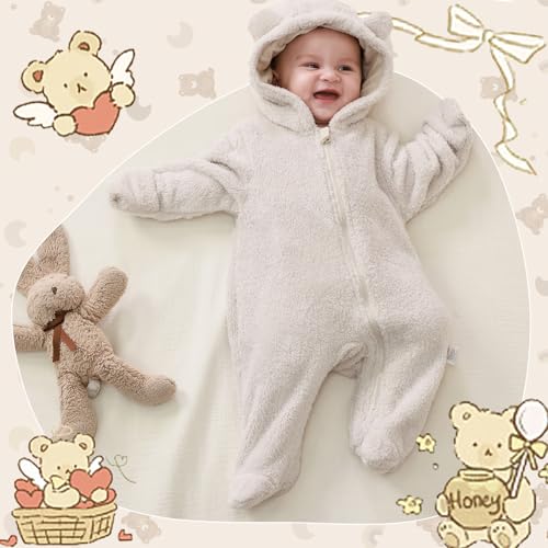 UVIPC Newborn Baby Thick Fleece Footie Snowsuit Winter Cartoon Bear Outwear Warm Hooded Outfits for Girls Boys