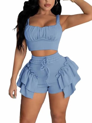 KOOBETON Club Outfits for Women 2 Piece Sexy Slim Fitted Bra Top and Drawstrings Ruffle Shorts Set Outerwear Light Blue L