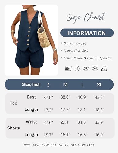 Tomosc 2 Piece Outfits for Women Summer Bussiness Linen Sets Sleeveless V Neck Vest Button Waistcoat and Pockets Shorts (1S-Navy-L)