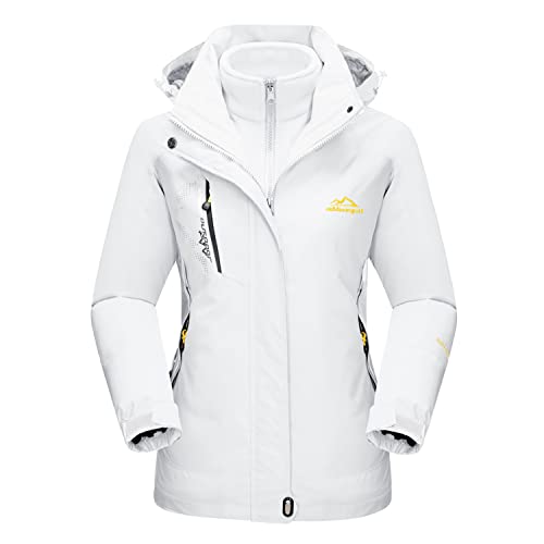 MAGCOMSEN Waterproof Jackets for Women 3 in 1 Jacket Winter Ski Jacket Fleece Lined Mountain Jacket Snow Hiking Jackets Pure White XL