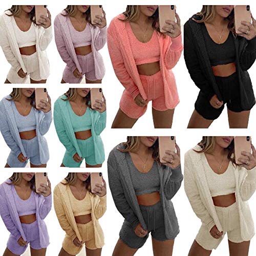 Womens 3 Piece Outfits Robe Sets Solid Color Hooded Jacket Outerwear Crop Top Bodycon Shorts