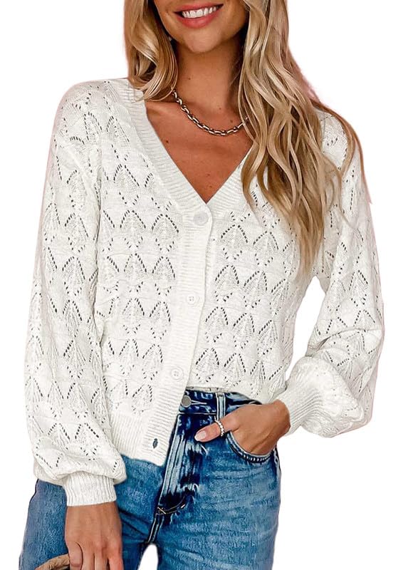 Dokotoo Women's Button Down Crochet Cardigan Casual Lightweight Long Sleeve Cropped Cardigan Sweaters Sexy V Neck Elegant Shrug Stylish White Open Front Outerwear XX-Large