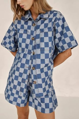 ROMRUM Womens Denim Shorts 2 Piece Set Plaid Short Sleeve Lapel Shacket Shirt High Waisted Jean Shorts Lounge Outfits(Medium, Black)